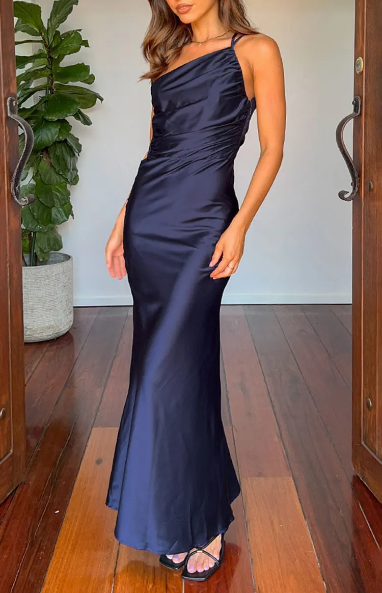 Navy One Shoulder Satin Formal Dresses