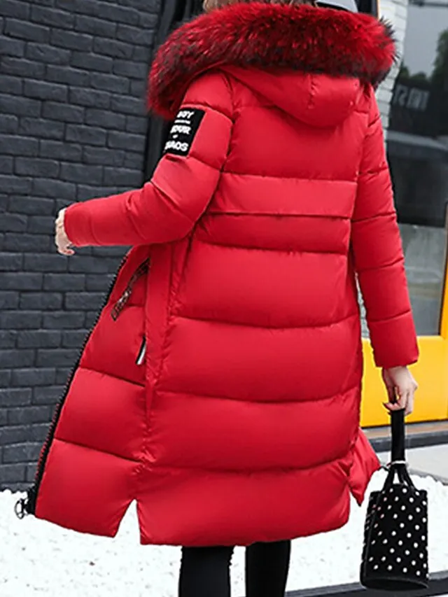 Women's Parka Long Puffer Jacket Winter Coat with Fur Collar Hood Thicken Windproof Warm Jacket Zip up Coat with Pockets Comtemporary Stylish Casual Jacket Long Sleeve Black Pink Army Green