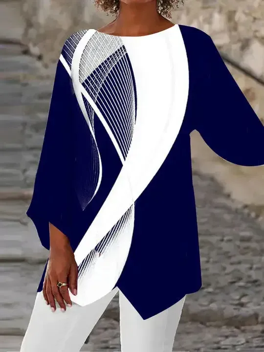 Women Asymmetrical 3/4 Sleeve Scoop Neck Striped Stitching Tops