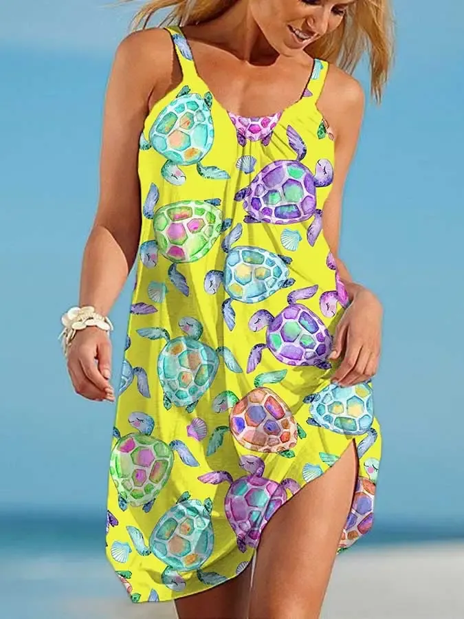 Vacation Watercolor Sea Turtle Print Slip Dress