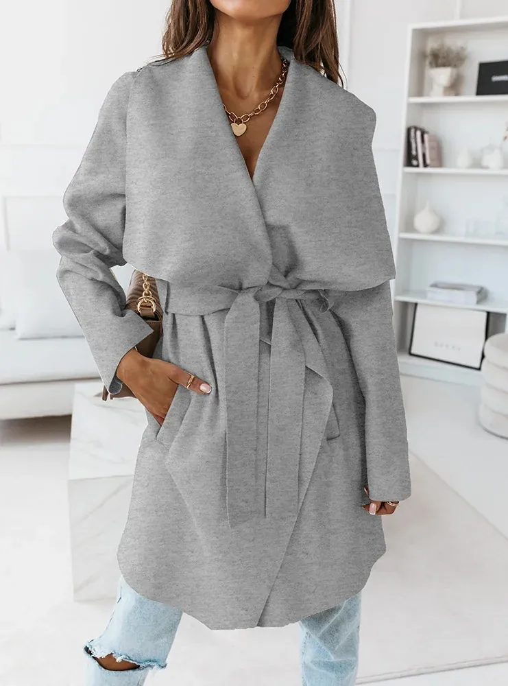 Solid Front Belt Long Sleeve Coat