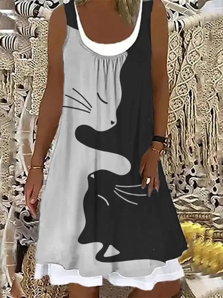 VChics Contrast Cat Print Casual Sleeveless Midi Dress