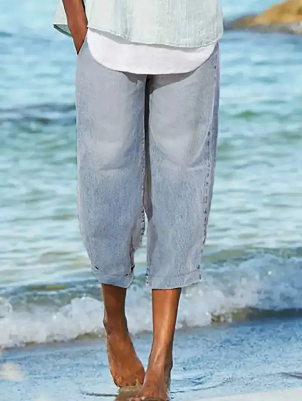 UR Casual Plain Light Washed Loose Capri Denim Pants