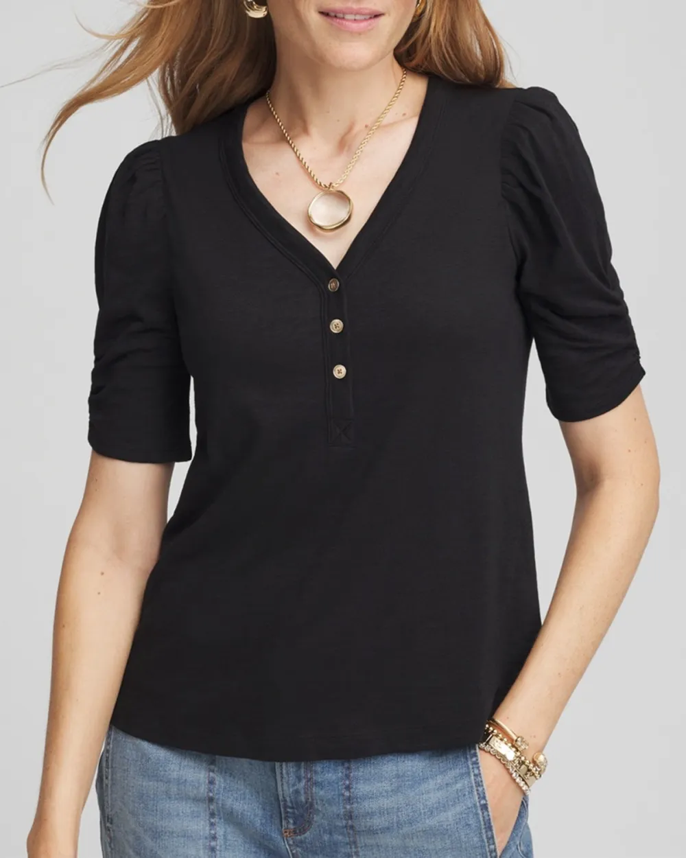 Black V-Neck Henley Short Sleeve Tee