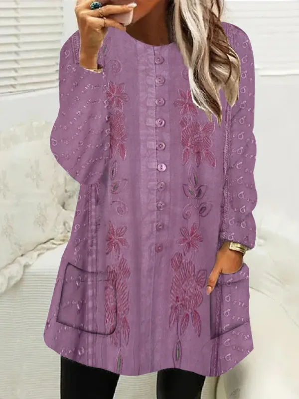 Women Long Sleeve Scoop Neck Printed Button Pockets Fleece Lined Tops