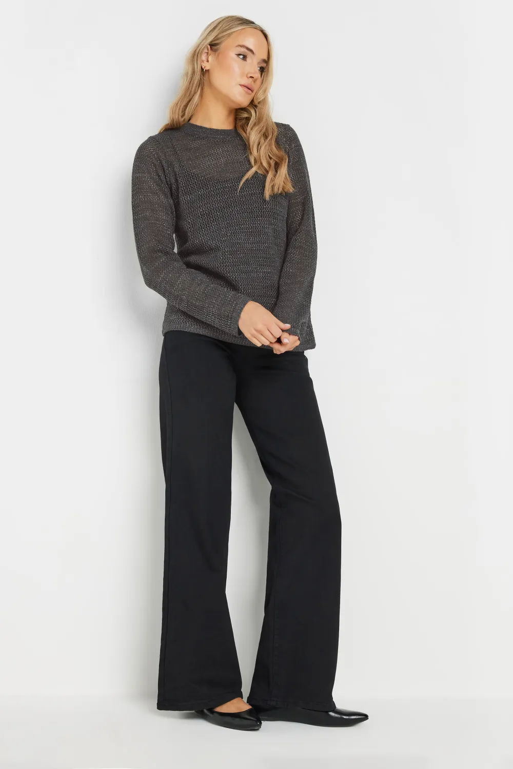 LTS Tall Charcoal Grey Metallic Pointelle Jumper