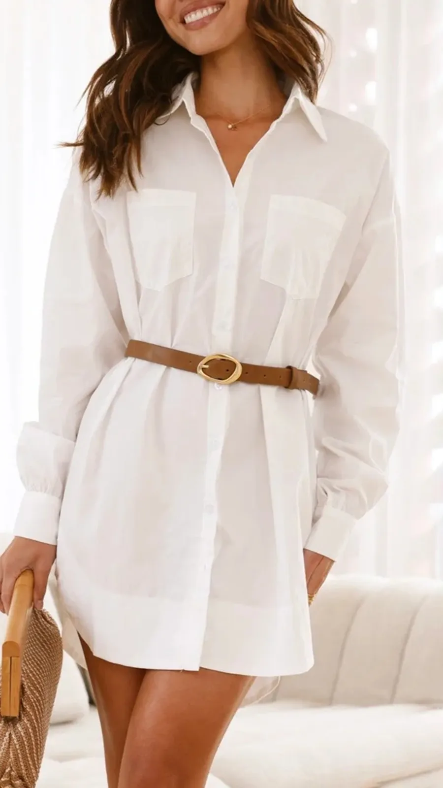 Business Style Extra Long White Shirt Dresses