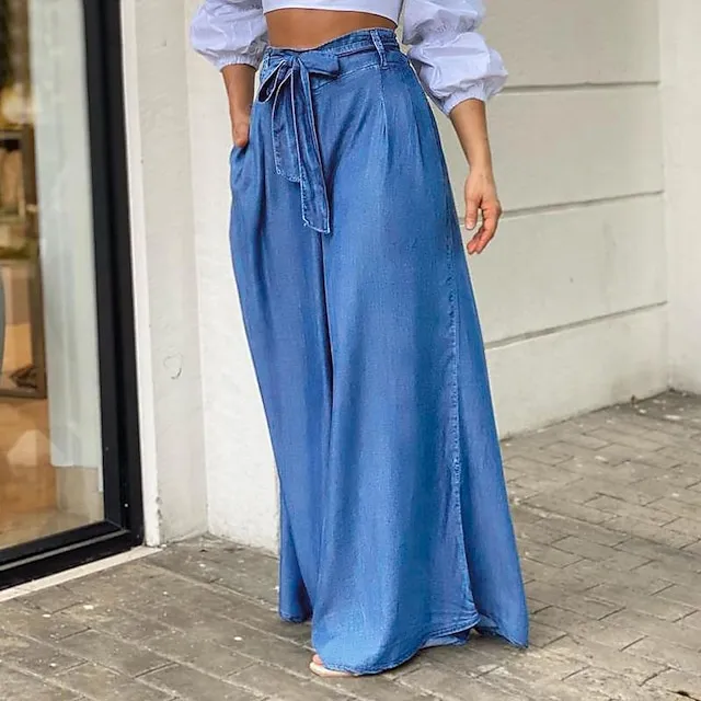 Women's Culottes Wide Leg Chinos Full Length Denim Side Pockets Wide Leg Micro-elastic Mid Waist Fashion Party Casual Black Blue S M Summer Spring & Fall