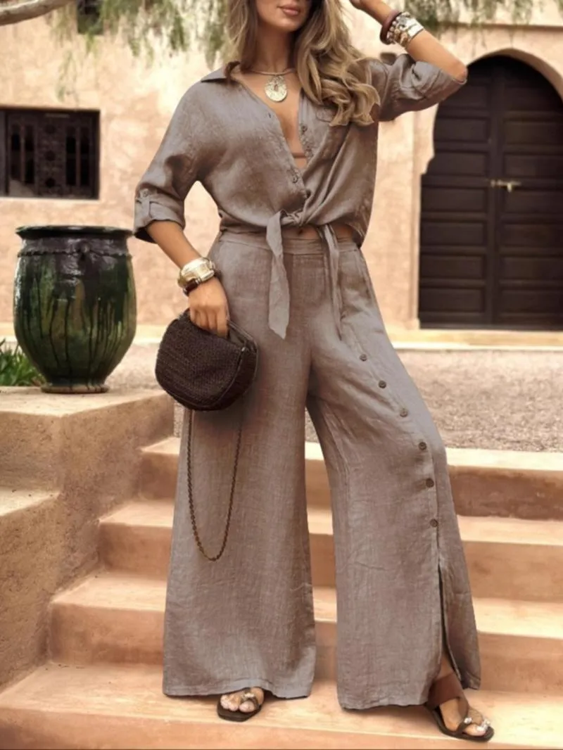 🔥 Women's Loose-Fit Long Sleeve Shirt & Wide Leg Pants Set