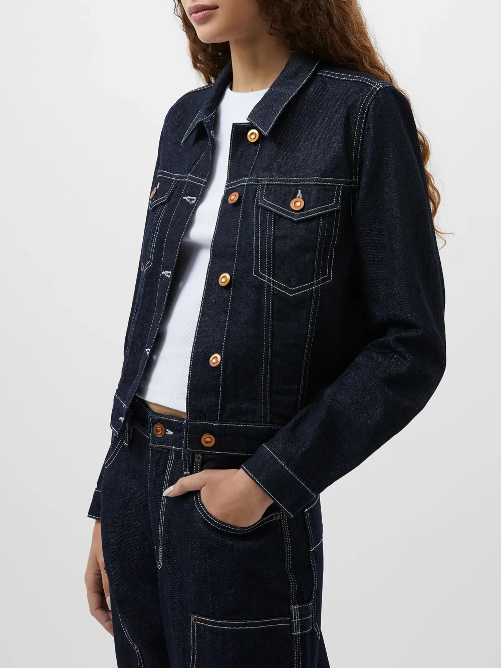 Cotton Contrast Dark Denim Long-Sleeved Jacket