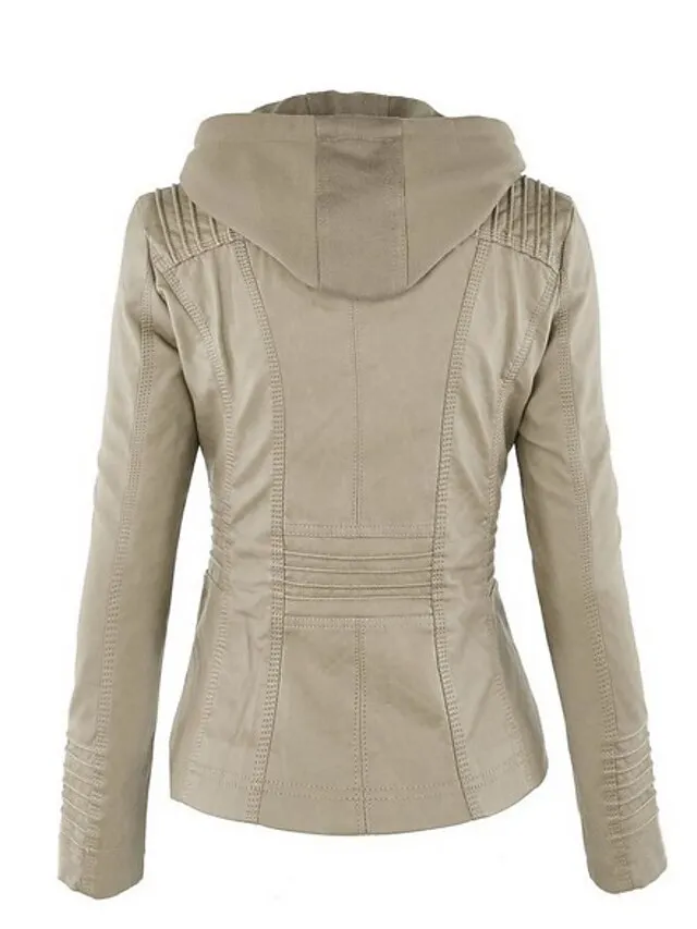 Women's Faux Leather Fall Hoodie Moto Biker Hoodie Jacket Windproof Warm Pocket Sports Solid Color Maillard Outerwear Long Sleeve Winter Fall Black Camel Red Street Casual Daily  M L XL