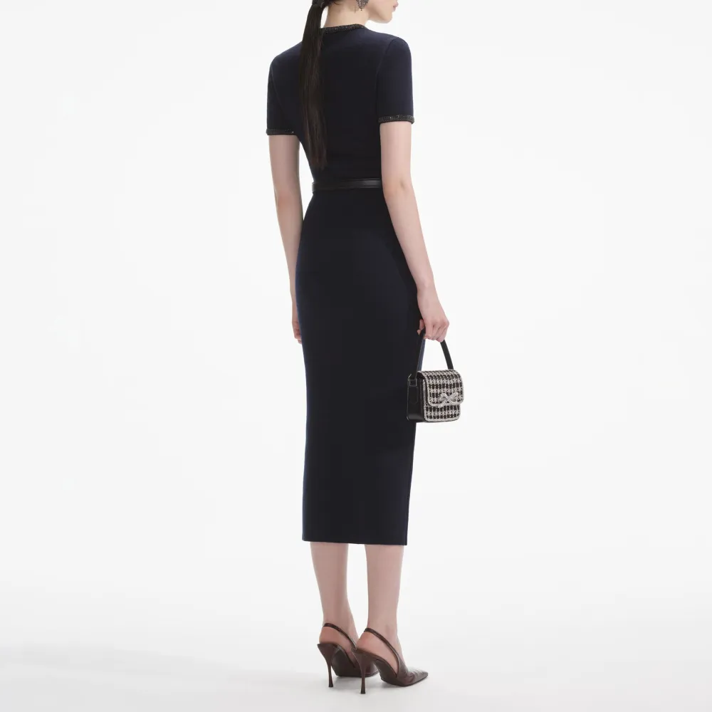 Navy Embellished Knit Midi Skirt