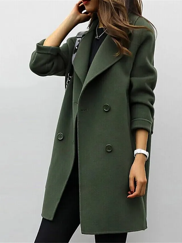 Women's Winter Coat Fall Long Overcoat Double Breasted Pea Coat with Belt Windproof Classic Slim Fit Trench Coat Elegant Outerwear Long Sleeve ArmyGreen S