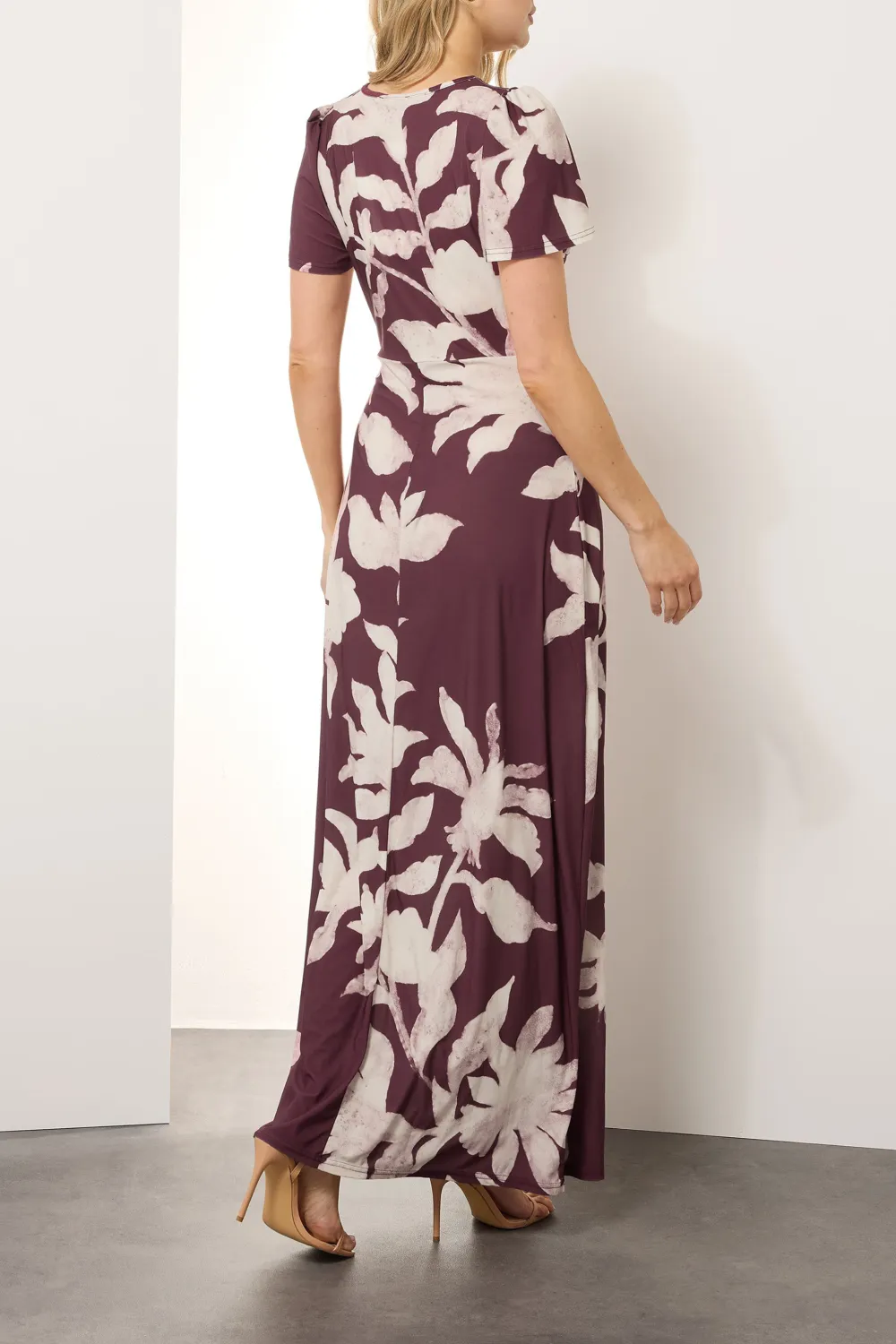 Scooped Neckline Red Floral Ruched Maxi Dress