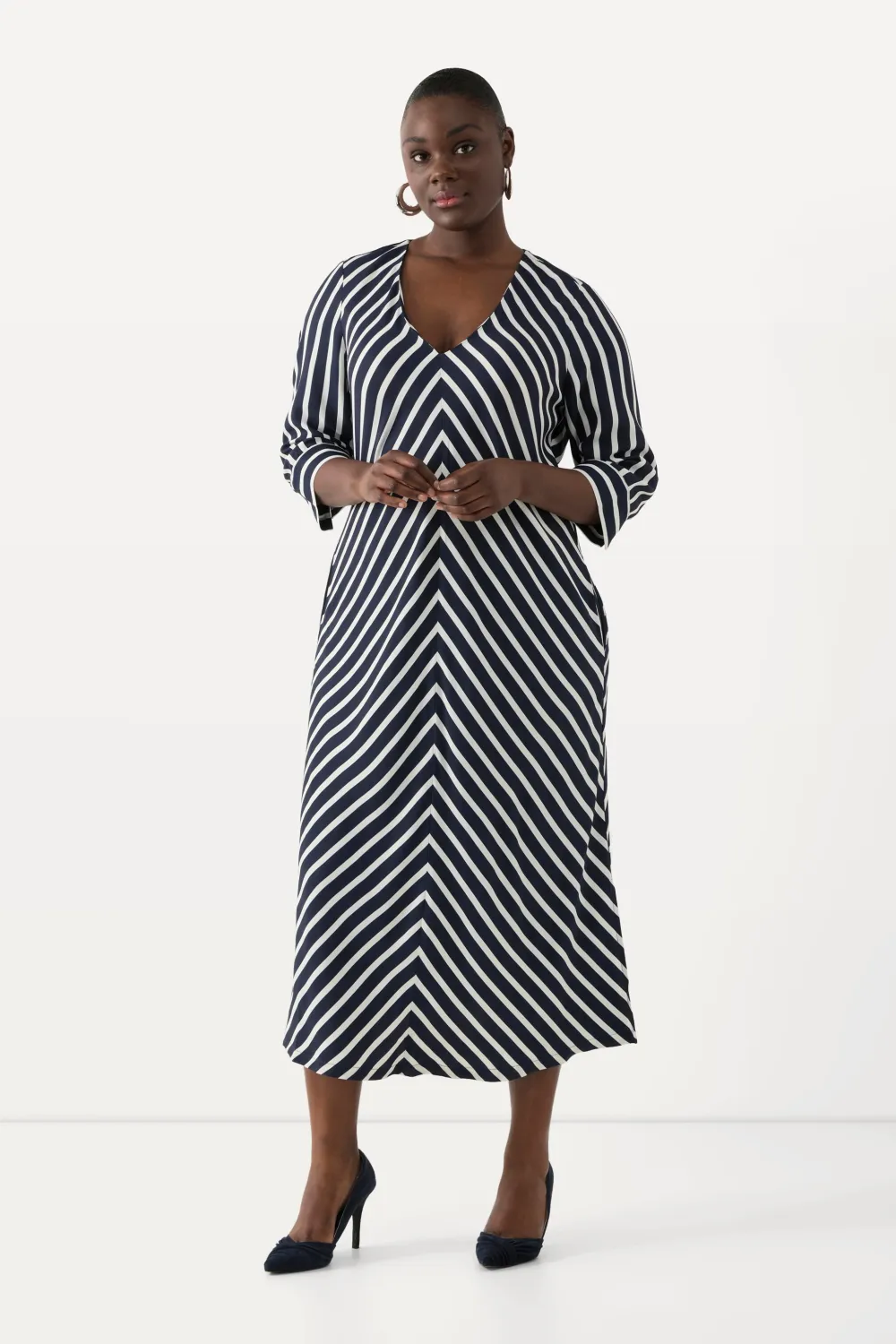 Midikleid Streifen A-Linie V-Ausschnitt 3/4-Arm