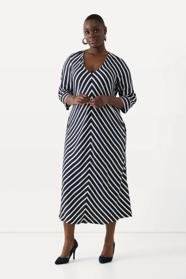 Midikleid Streifen A-Linie V-Ausschnitt 3/4-Arm