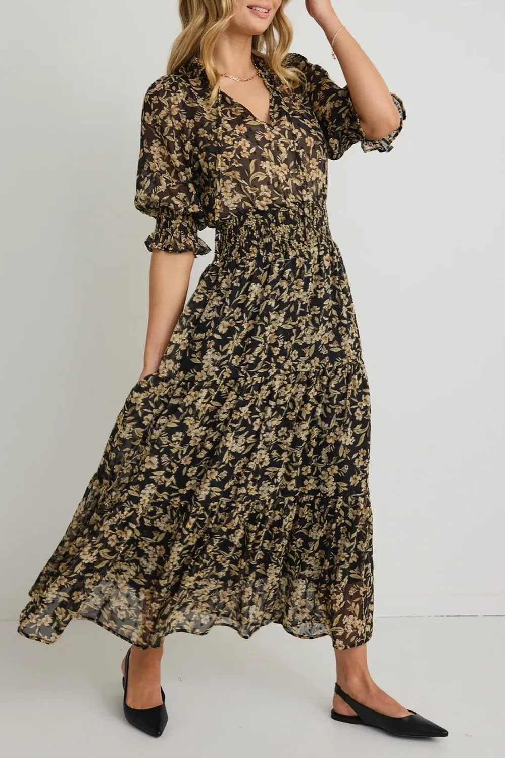 Black Gold Floral V - Neck Tiered Dress