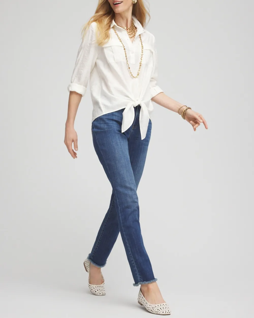 White Tie Front Long Sleeve Shirt