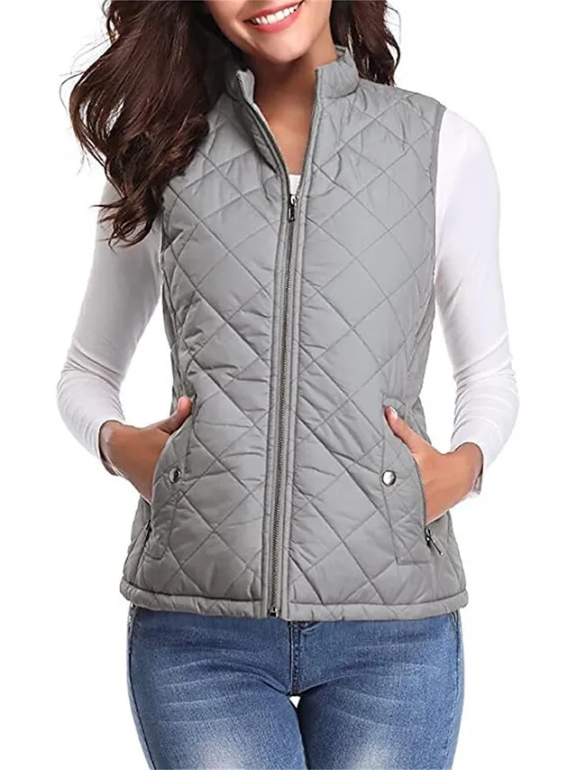 Women's Quilted Vest Crop Sleeveless Winter Coat Lightweight Puffer Gilet Warm Windproof Outerwear with Pockets Zip up Fall Street Casual Jacket Light Blue claret Sea Blue