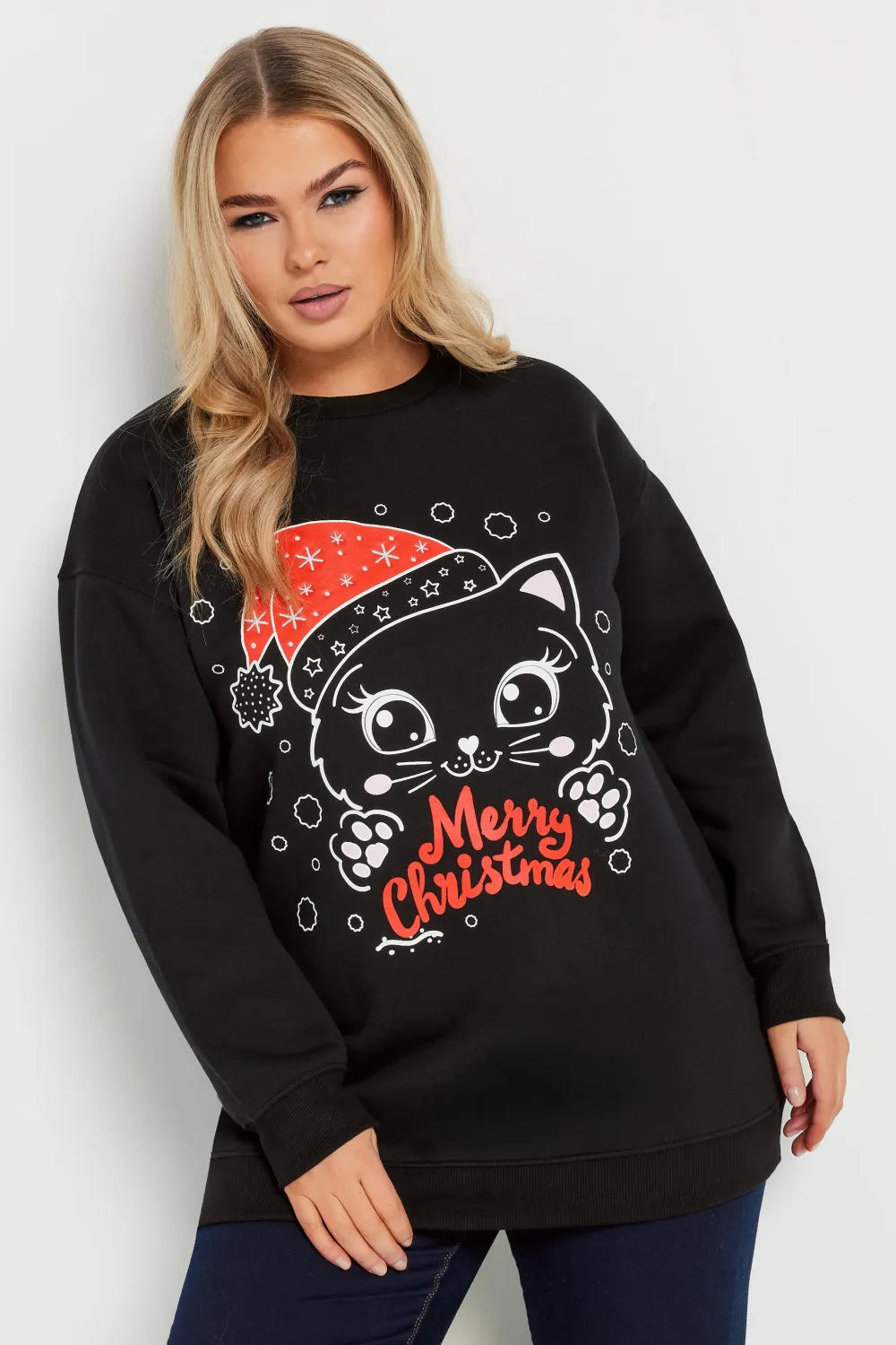 YOURS Curve Black 'Merry Christmas' Cat Graphic Sweatshirt