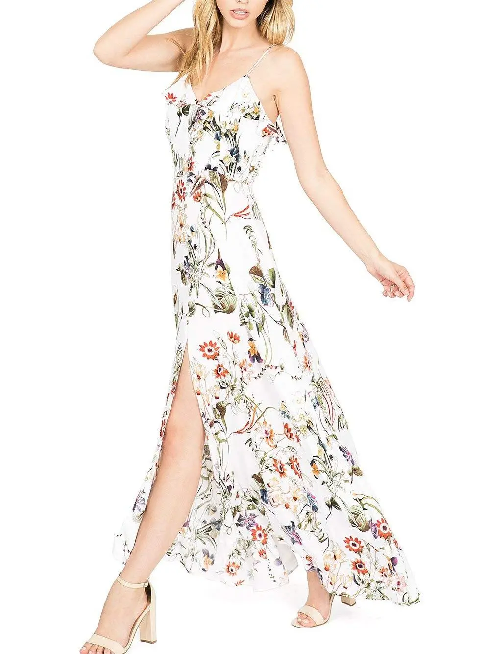 White Floral Spaghetti - Strap Maxi Dress