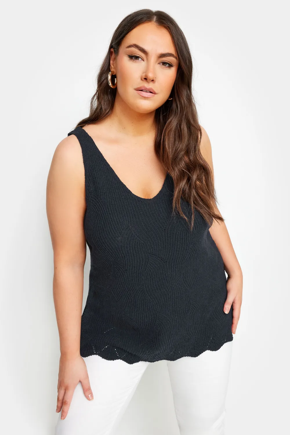 YOURS Curve Natural Brown Scallop Hem Knitted Vest Top