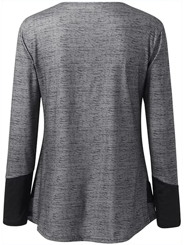 Women's Plus Size T shirt Tee Color Block Blue Orange Green Button Flowing tunic Long Sleeve Casual Weekend Basic V Neck Regular Fit Fall & Winter