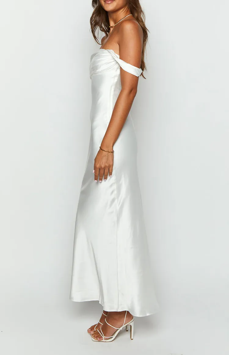 Off Shoulder White Satin Evening Gown Formal Dresses