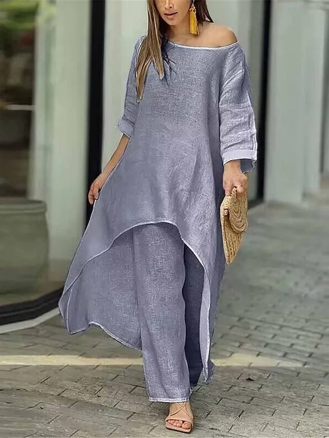 Women's Loungewear Sets Pure Color Fashion Simple Casual Street Date Airport Polyester Breathable Crew Neck Long Sleeve Pant Summer Spring White Yellow