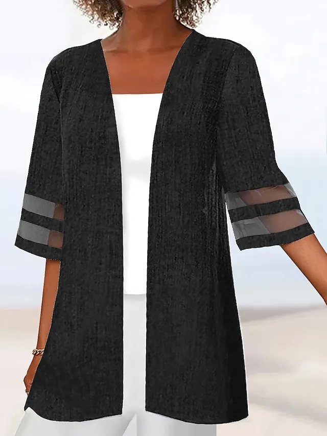 Women's Casual Jacket Clean Fit Causal Patchwork Solid Color Simple Loose Fit Outerwear 3/4 Length Sleeve Summer Black