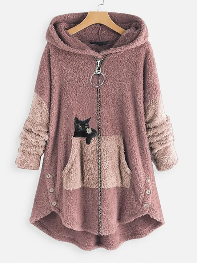 Women's Plus Size Teddy Coat Animal Cat Causal House Long Sleeve V Wire Regular Fall Winter Green Pink Dark Gray L XL XXL 3XL 4XL / Loose Fit