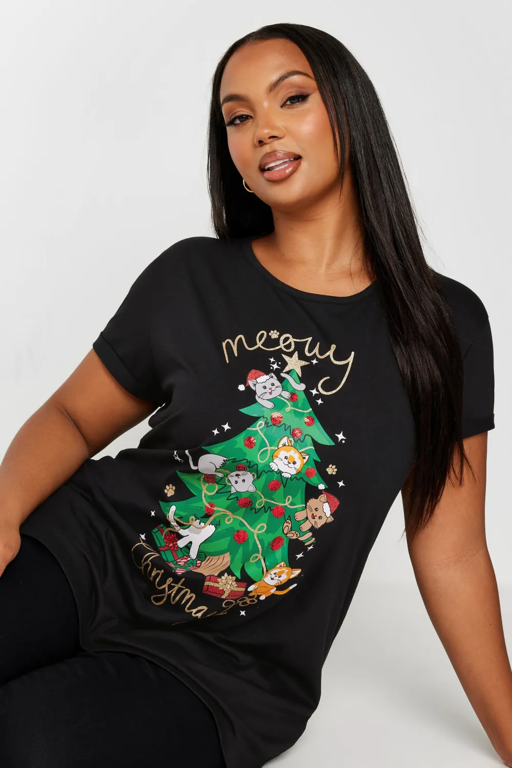 复制YOURS Curve Black 'Merry Gonkmas' Sequin Embellished Christmas Top