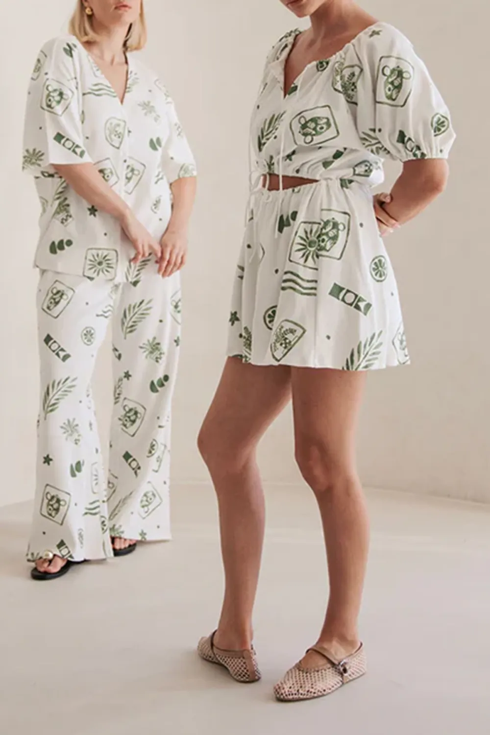 Leaf Print Short Sleeve Tie Waist Mini Dress