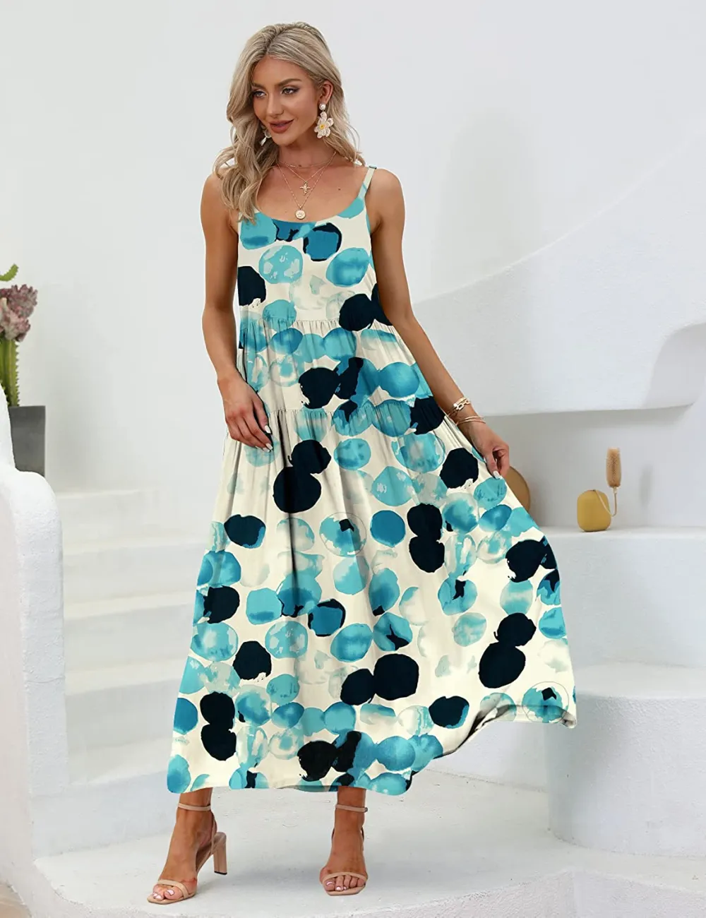 Summer Dresses for Women Casual Loose Bohemian Floral Dress with Pockets Spaghetti Strap Maxi Dress E75