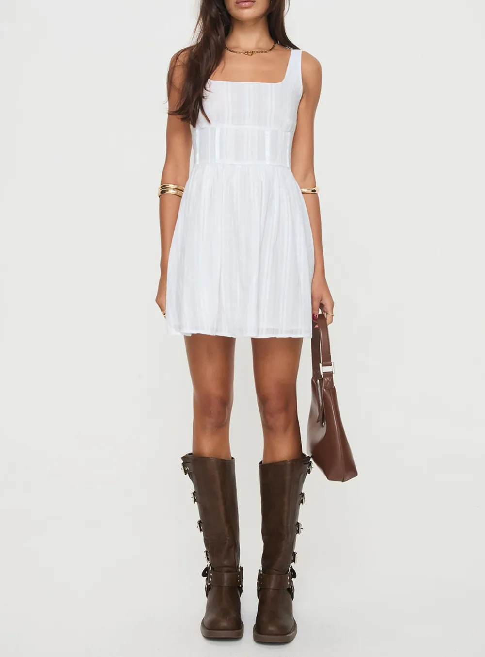 White Square Neck Smocked Mini Dress