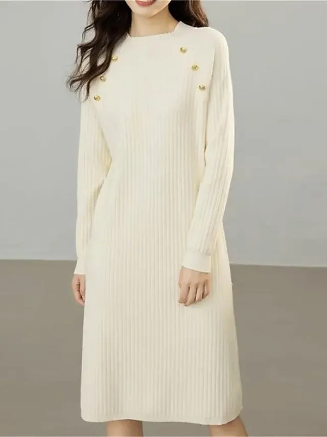 Women's Sweater Dress Jumper Dress Winter Dress Midi Dress Warm Fashion Casual Pure Color Outdoor Daily Vacation Going out Crew Neck Long Sleeve Button 2023 Loose Fit Black White Green One Size