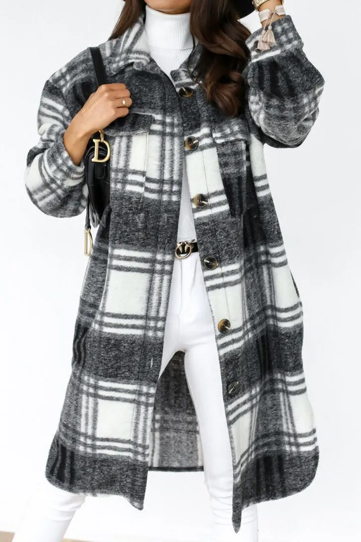 Shirt Collar Button Closure Plaid Coat