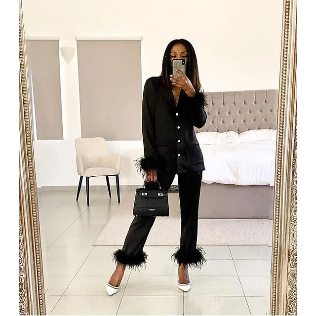 Women's Gift Loungewear Pajamas Sets Home Party Valentine's Day Feather Pure Color Silk Simple Soft Shirt Pant Fall Spring Summer Lapel Long Sleeve Long Pant Buckle Pocket