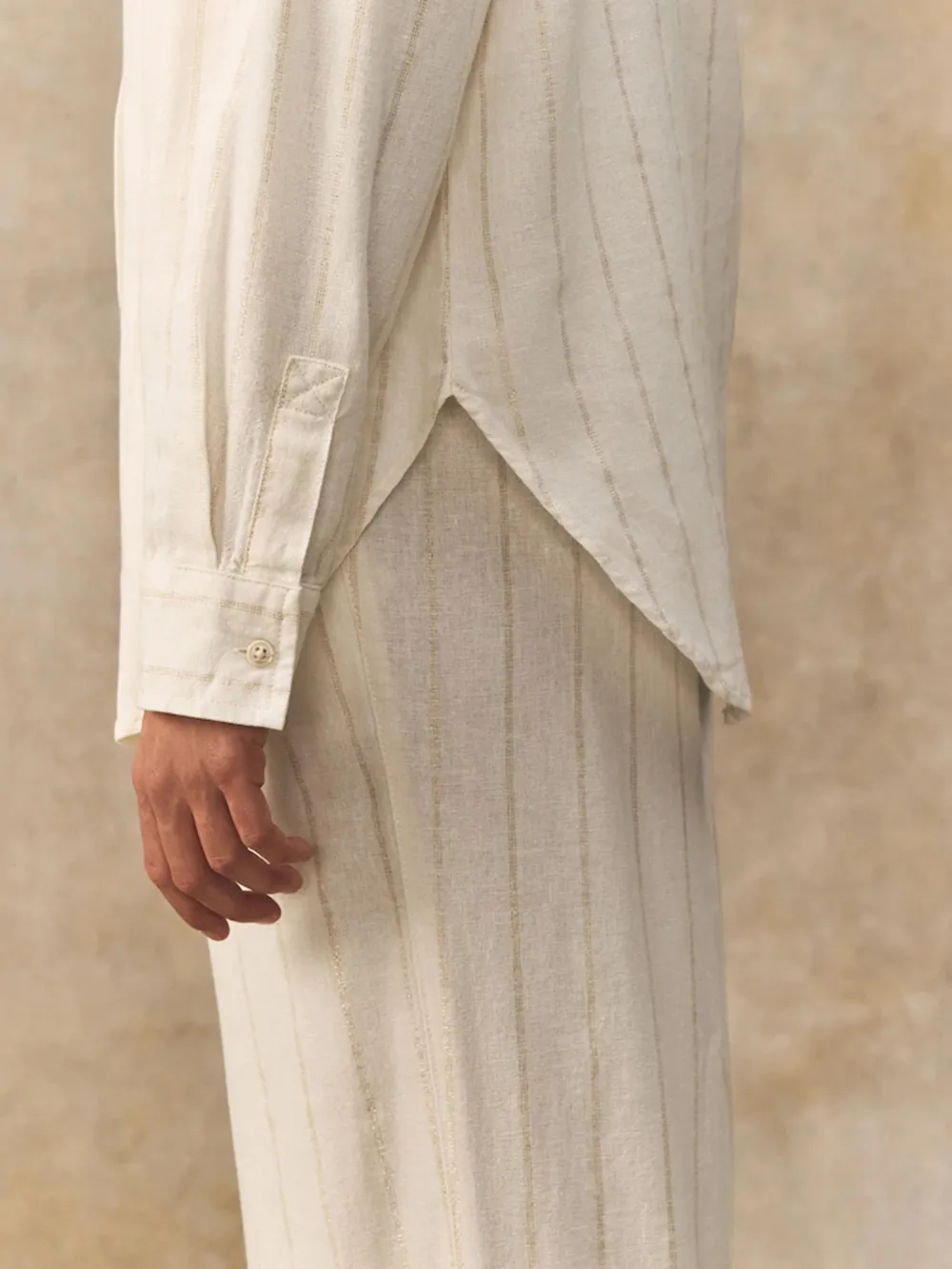 Metallic Long-Sleeve Striped Shirt Paired With Linen