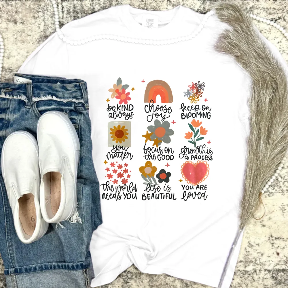 Mental Health Slogans Be Kind Always Choose Joy Keep On Blooming You Matter Printed Round Neck Short Sleeve T-Shirt