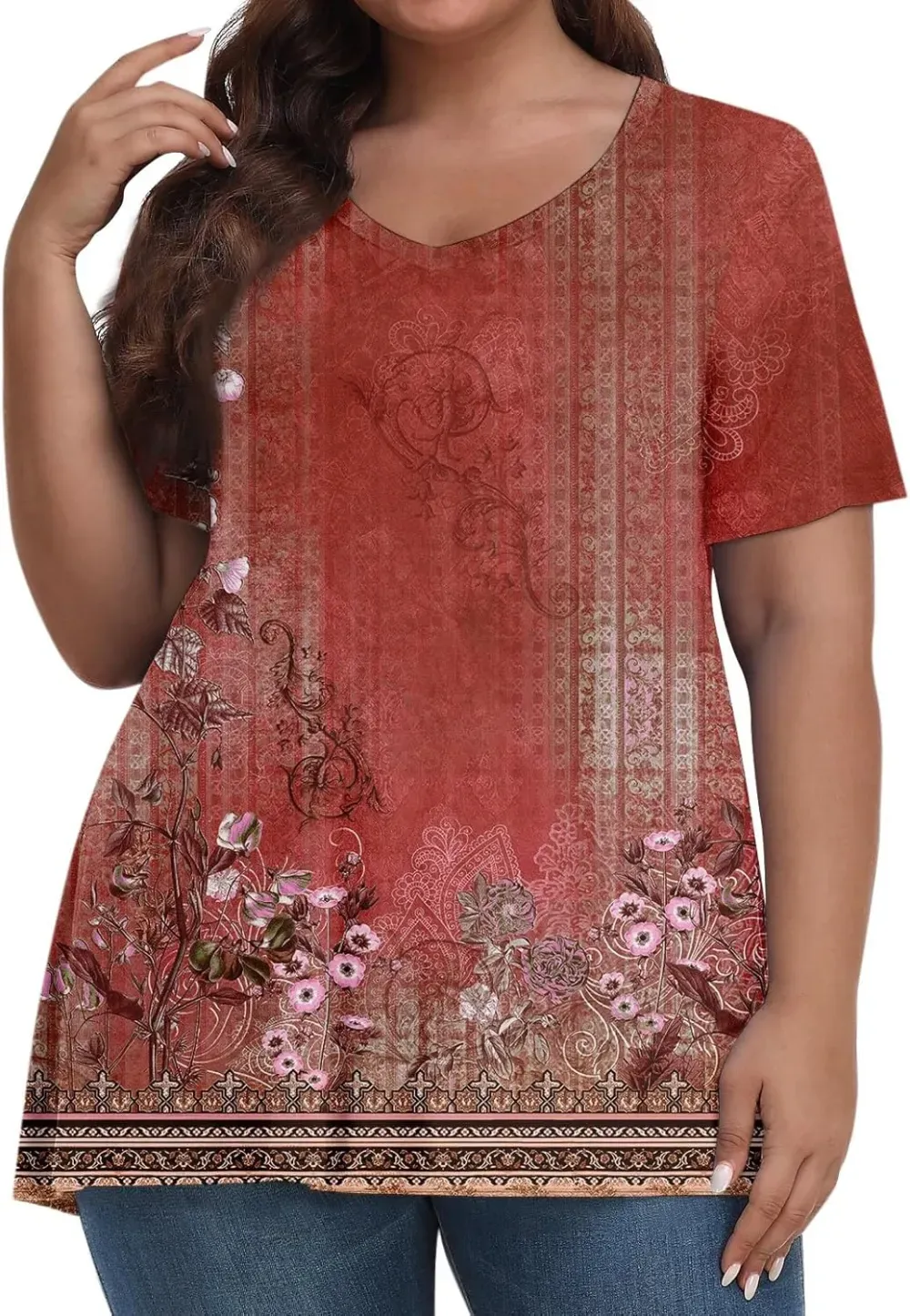 Plus Size Tops for Women Dressy Short Sleeve V Neck Shirts for Women Summer Tops for Women 2024 Floral Print Top