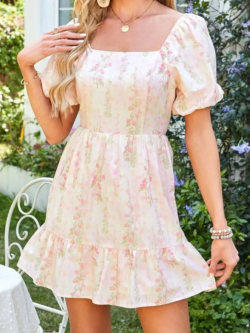 Cute Puff Sleeves Waist-Cinching Pink Dress