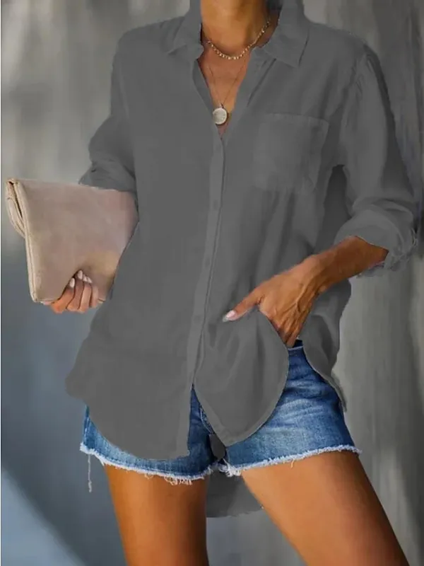 Women's Shirt Blouse Cotton Black White Pink Plain Button Long Sleeve Casual Basic Shirt Collar Regular Fit Spring Fall