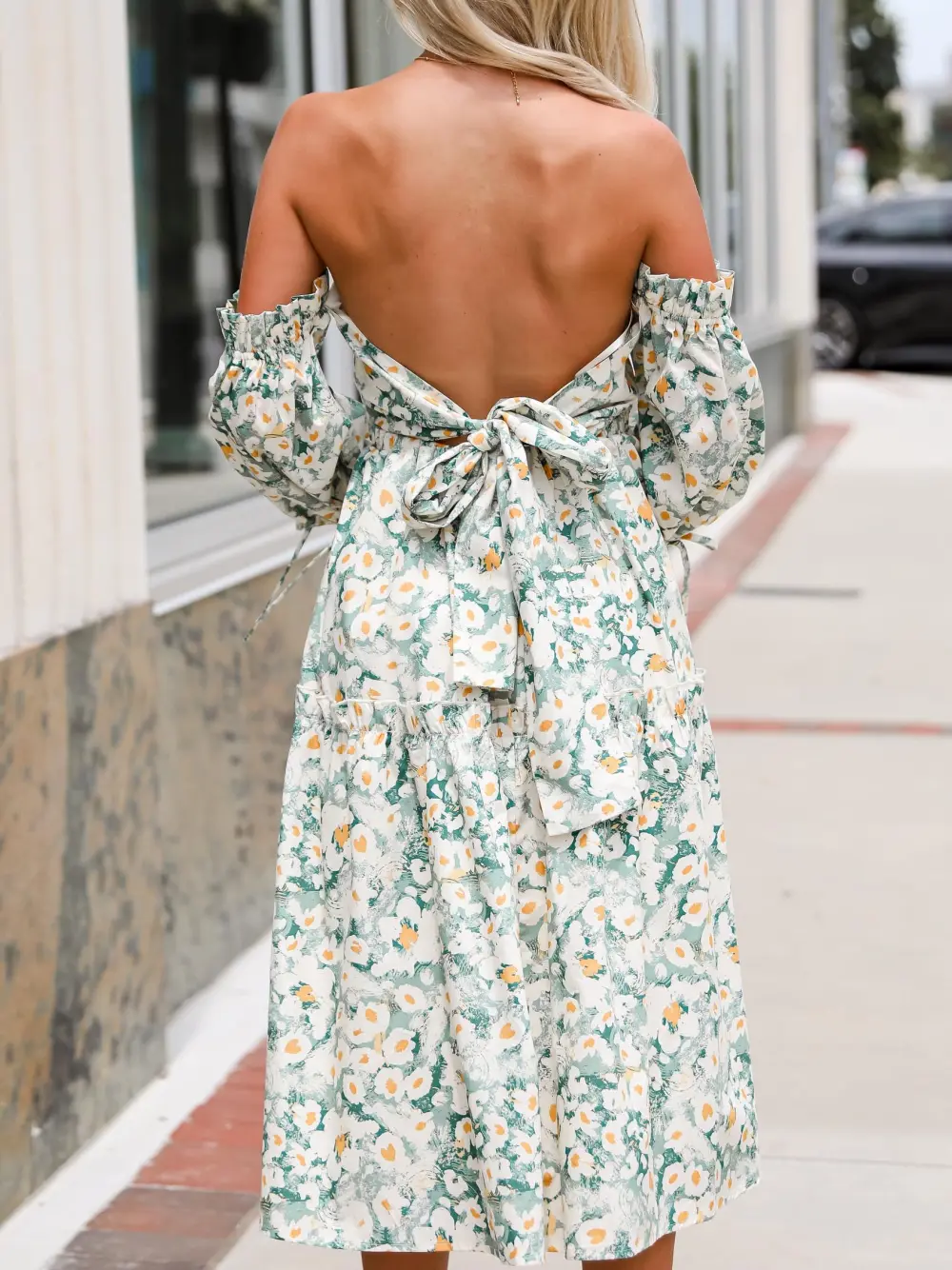 Delightful Aspect Sage Floral Off-The-Shoulder Midi Dress