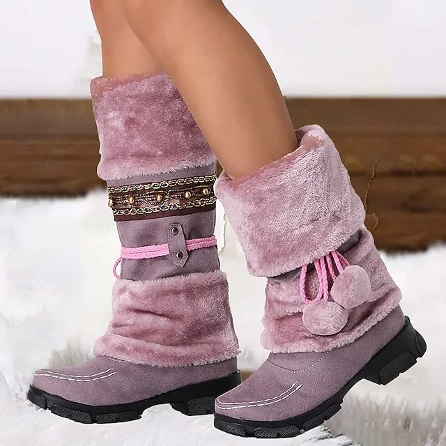 Women's Boots Snow Boots Plus Size Outdoor Daily Fleece Lined Knee High Boots Winter Bowknot Pom-pom Chunky Heel Round Toe Casual Industrial Style PU Lace-up Black Purple Brown