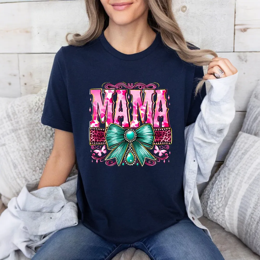 Pink Capital Letters “MAMA” Slogan And A Teal Bow, Jewel Decoration, Surrounded By Pink Flowers And Stripes Decorative Band Monogram, Casual T-Shirt.