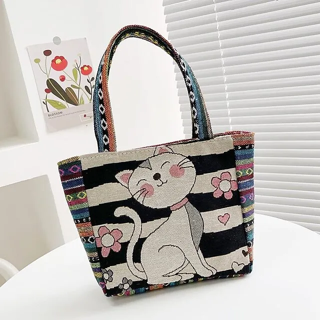 Women's Girls' Tote Polyester Daily Office & Career Cartoon Artwork Floral Print Rabbit Peacock blue striped kitten