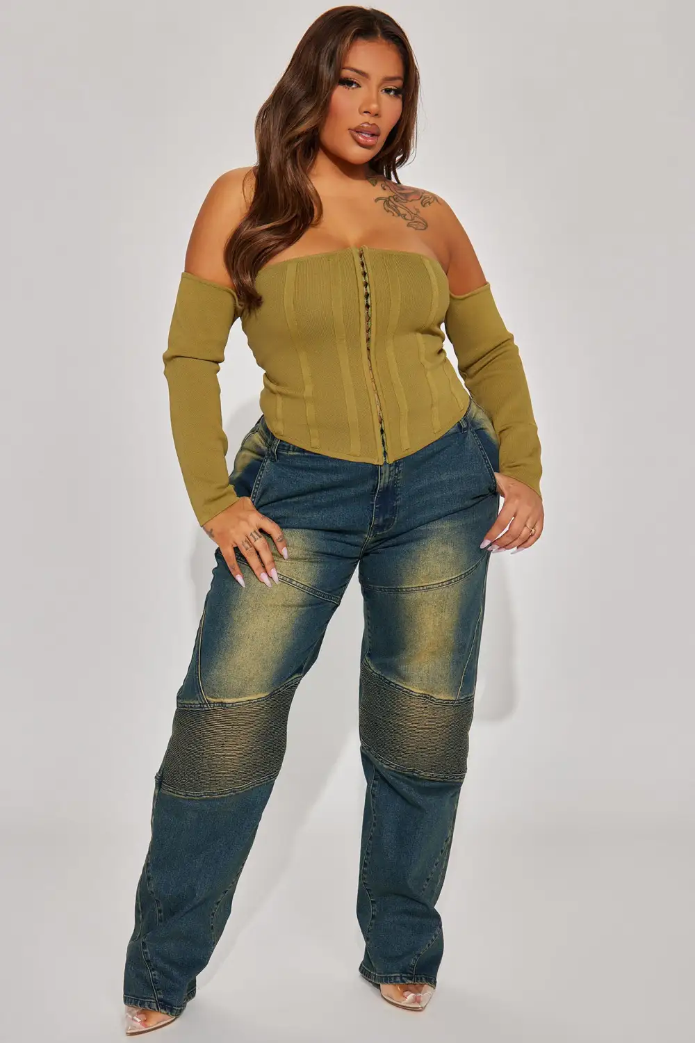 Cutting Edge Off The Shoulder Corset Top - Olive