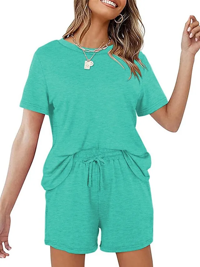 Women's Loungewear Sets Nighty 2 Pieces Pure Color Simple Comfort Home Street Cotton Crew Neck Short Sleeve T shirt Tee Shorts Spring Summer Green Blue