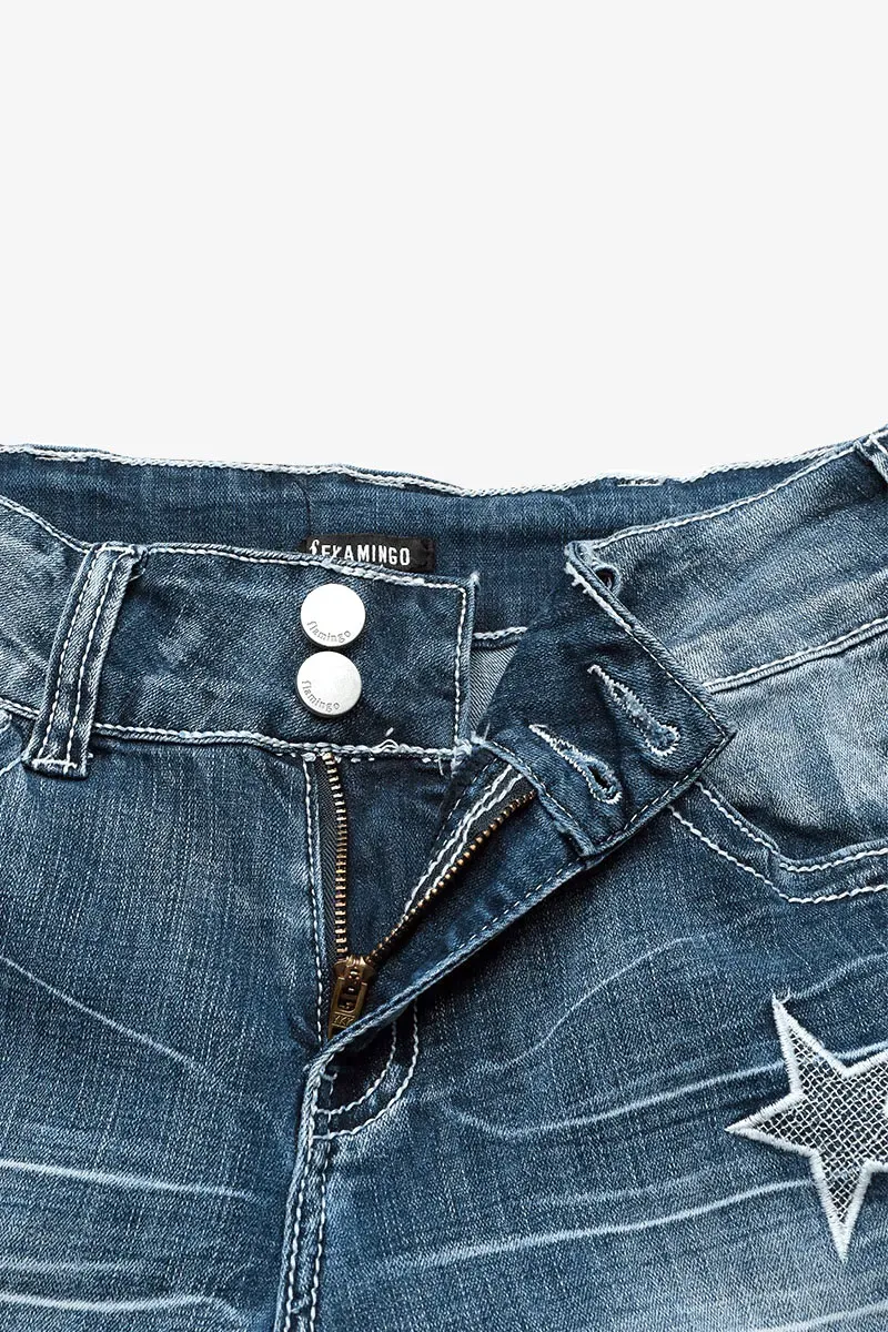 Star & Moon Pattern Button Front Mid Rise Bootcut Jeans